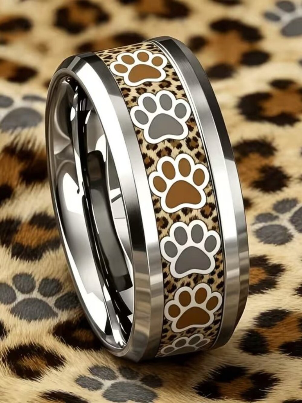 Silver Stainless Steel PAW PRINT Band Ring Size 8